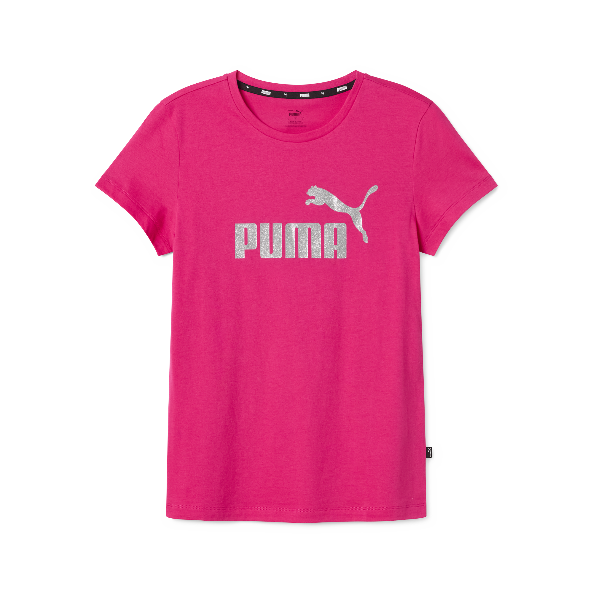 T-shirt fucsia da donna con logo grigio glitterato Puma Essentials+, Abbigliamento Sport, SKU a712000233, Immagine 0